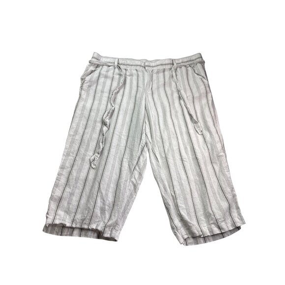 Liz Claiborne Striped Linen Blend Capri Pants XXL Elastic Waist Belt White Grey - Picture 1 of 7